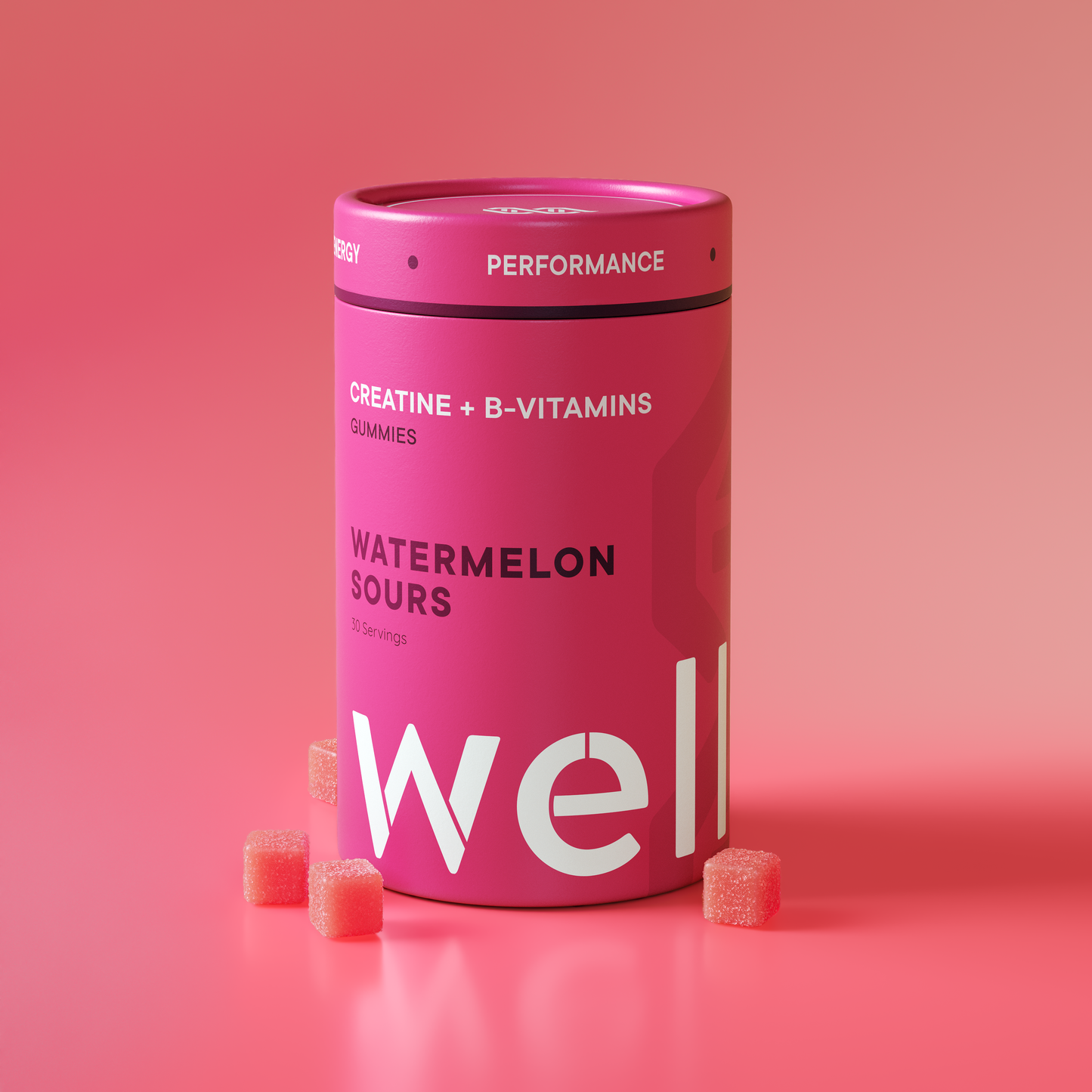 WELLF Creatine Monohydrate Gummies - Watermelon Sours tub with creatine gummies